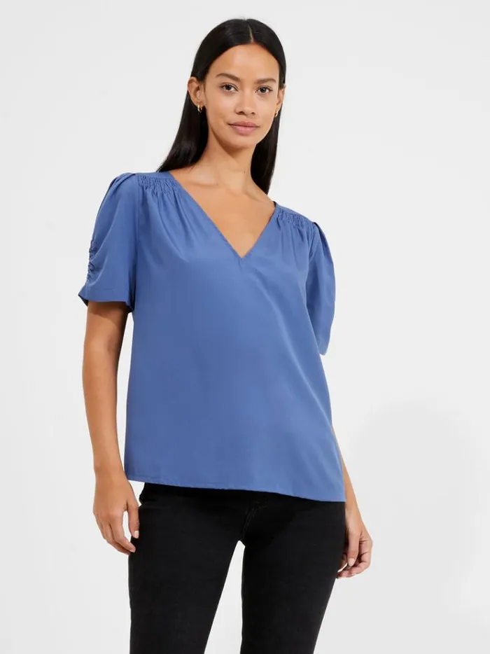 French Connection Tops Crepe Recycled V Neck Smocked Top Coastal Fjord 8211 Woman French Connection Tops Crepe Recycled V Neck Smocked Top Coastal Fjord 8211 Woman