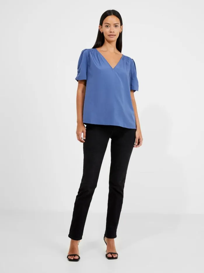 French Connection Tops Crepe Recycled V Neck Smocked Top Coastal Fjord 8211 Woman