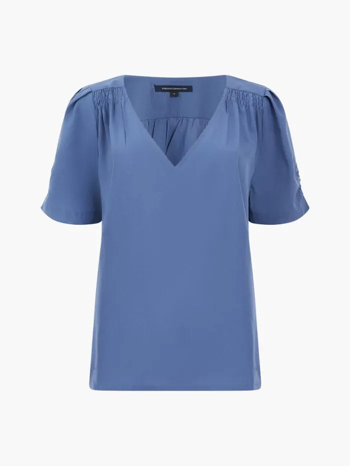 French Connection Tops Crepe Recycled V Neck Smocked Top Coastal Fjord 8211 Woman
