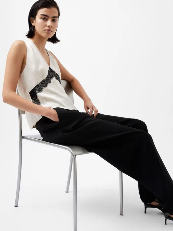 French Connection Tops Ennis Eco Satin Lace Top Classic Creamblacko 8211 Woman