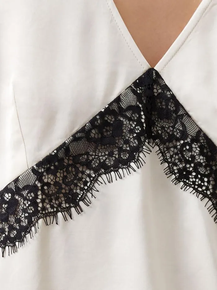 French Connection Tops Ennis Eco Satin Lace Top Classic Creamblacko 8211 Woman