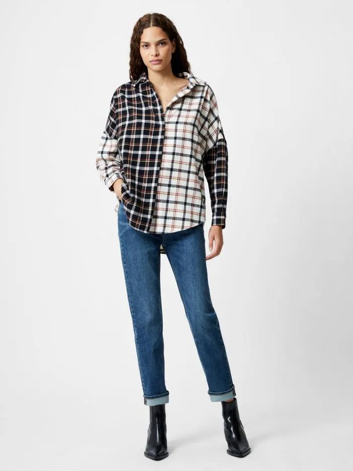 French Connection Tops Mixed Flannel Check Popover Shirt Blackwinter White 8211 Woman