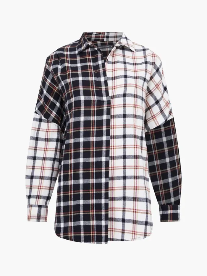 French Connection Tops Mixed Flannel Check Popover Shirt Blackwinter White 8211 Woman