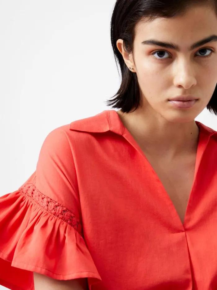 French Connection Tops Sindey Cotton Short Sleeve Popover Shirt Cayenne Red 8211 Woman French Connection Tops Sindey Cotton Short Sleeve Popover Shirt Cayenne Red 8211 Woman