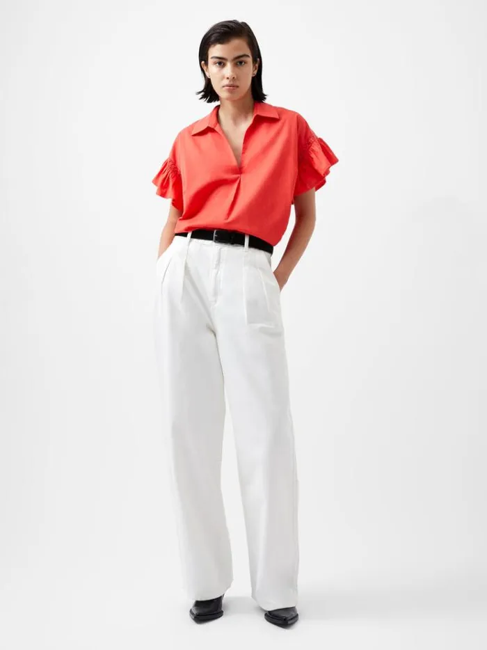 French Connection Tops Sindey Cotton Short Sleeve Popover Shirt Cayenne Red 8211 Woman