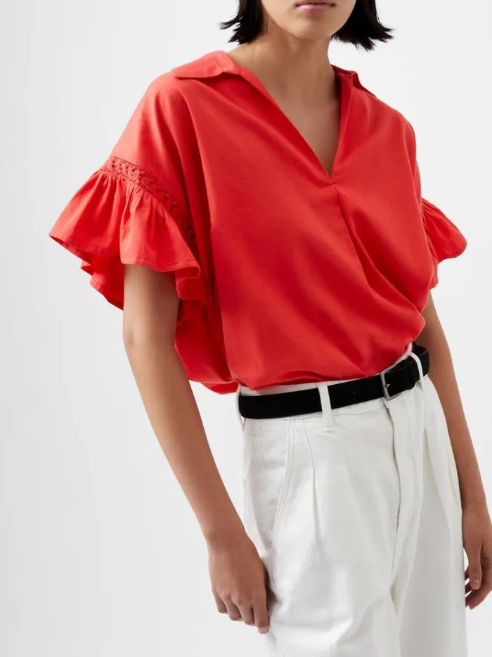 French Connection Tops Sindey Cotton Short Sleeve Popover Shirt Cayenne Red 8211 Woman