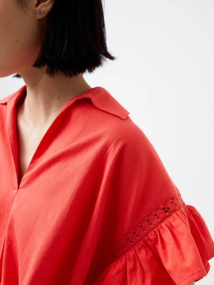 French Connection Tops Sindey Cotton Short Sleeve Popover Shirt Cayenne Red 8211 Woman