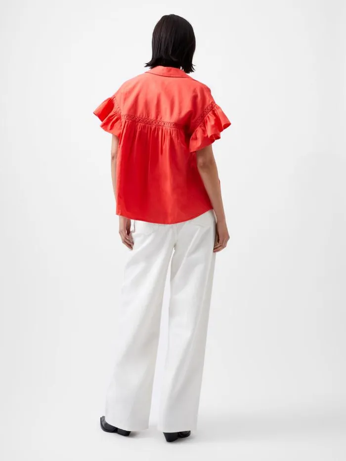 French Connection Tops Sindey Cotton Short Sleeve Popover Shirt Cayenne Red 8211 Woman