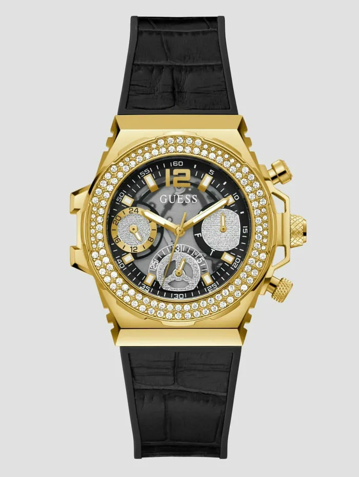 GoldTone and Black Crocodile Leather Multifunction Watch Black Snakeskin Women Watches GUESS GoldTone and Black Crocodile Leather Multifunction Watch Black Snakeskin Women Watches GUESS