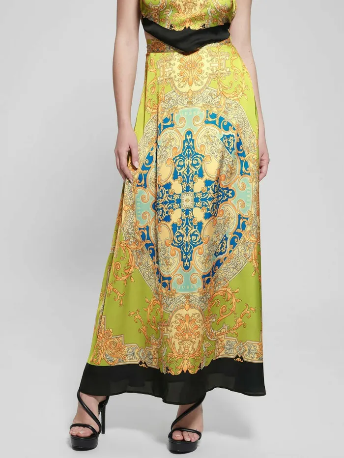 GUESS Athena Satin Maxi Skirt Baroque Lime Women Bottoms