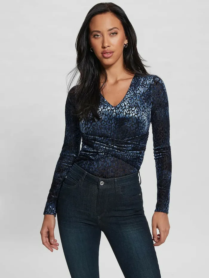 GUESS Belinda Velvet Bodysuit Leo Blackened Blue Women Tops