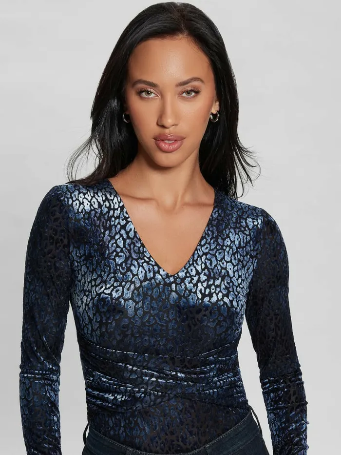 GUESS Belinda Velvet Bodysuit Leo Blackened Blue Women Tops