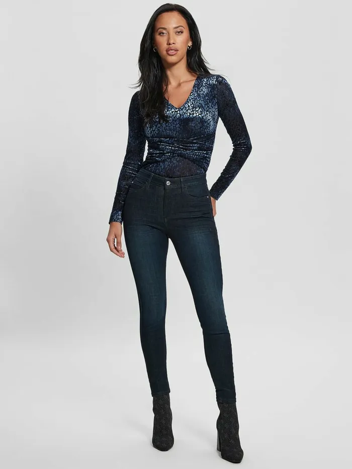 GUESS Belinda Velvet Bodysuit Leo Blackened Blue Women Tops