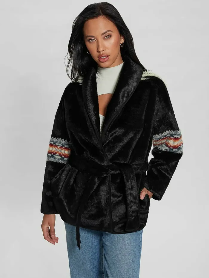 GUESS Carlotta FauxFur Wrap Jacket Black Women Jackets and Coats