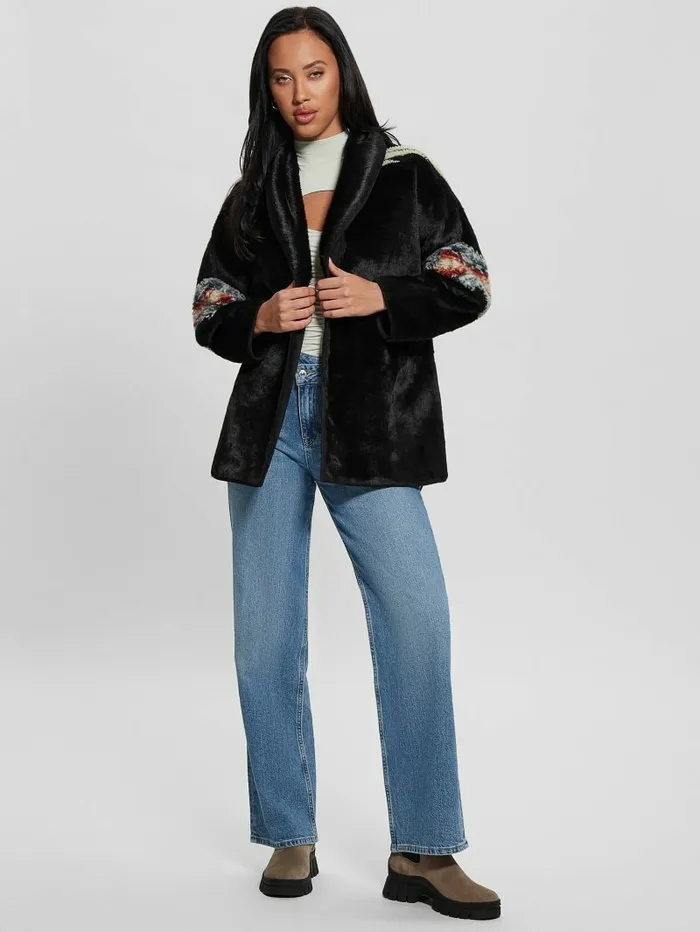 GUESS Carlotta FauxFur Wrap Jacket Black Women Jackets and Coats