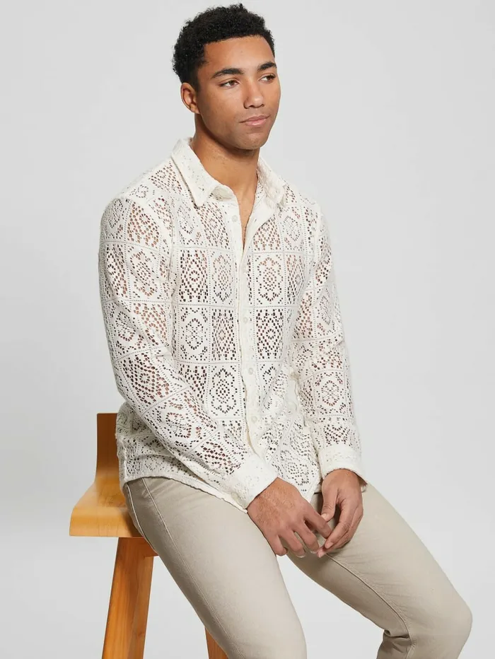 GUESS Craft Crochet Shirt Salt White Multi Men Shirts GUESS Craft Crochet Shirt Salt White Multi Men Shirts