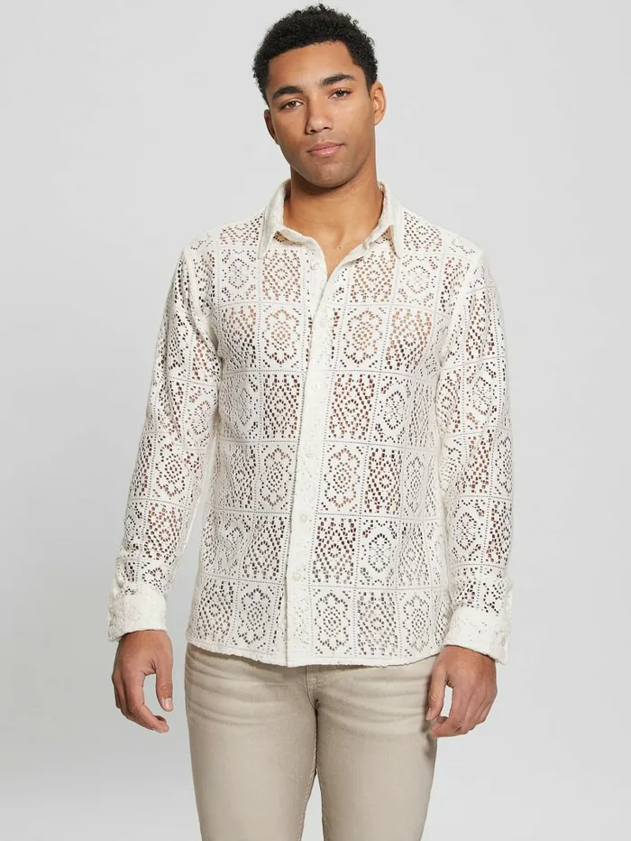 GUESS Craft Crochet Shirt Salt White Multi Men Shirts GUESS Craft Crochet Shirt Salt White Multi Men Shirts