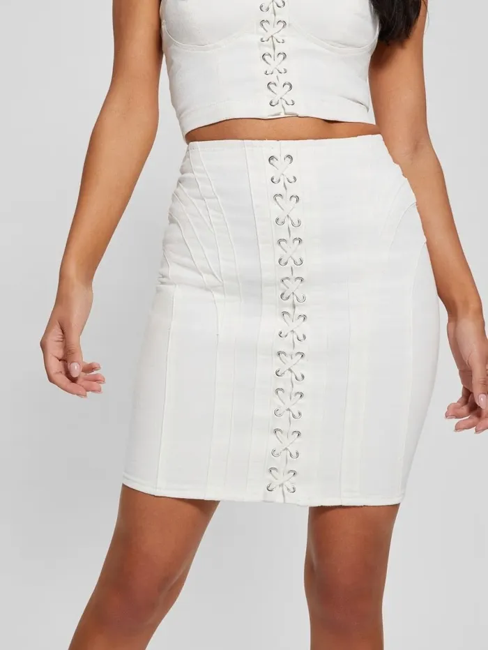 GUESS Eco Cecila LaceUp Denim Skirt Pure White Women Bottoms