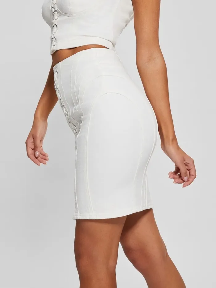 GUESS Eco Cecila LaceUp Denim Skirt Pure White Women Bottoms