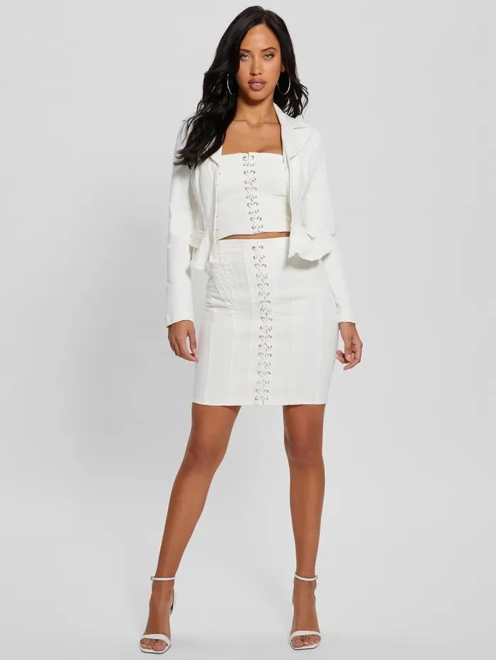 GUESS Eco Cecila LaceUp Denim Skirt Pure White Women Bottoms