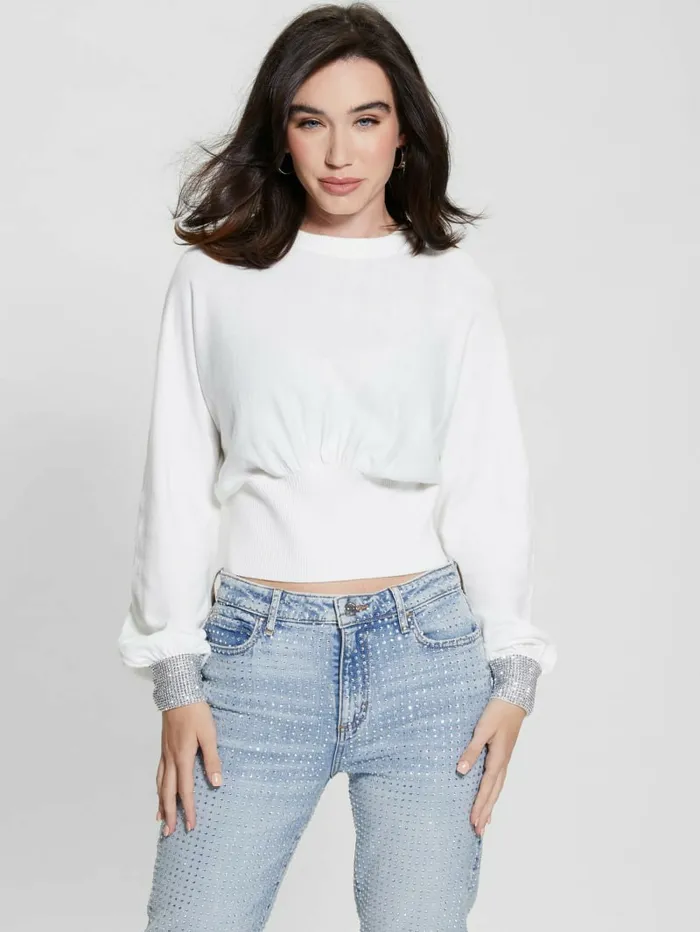 GUESS Eco Posa Bling Cuff Sweater Dove WhiteSilver Women Sweaters and Knits GUESS Eco Posa Bling Cuff Sweater Dove WhiteSilver Women Sweaters and Knits