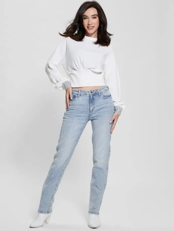 GUESS Eco Posa Bling Cuff Sweater Dove WhiteSilver Women Sweaters and Knits GUESS Eco Posa Bling Cuff Sweater Dove WhiteSilver Women Sweaters and Knits