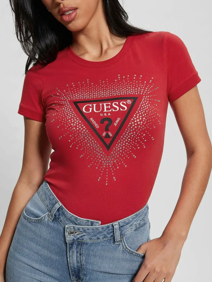 GUESS Eco Signature Rhinestone Tee Chili Red Women Tops