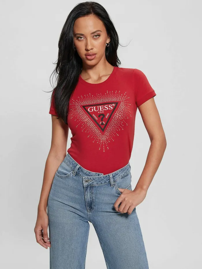 GUESS Eco Signature Rhinestone Tee Chili Red Women Tops