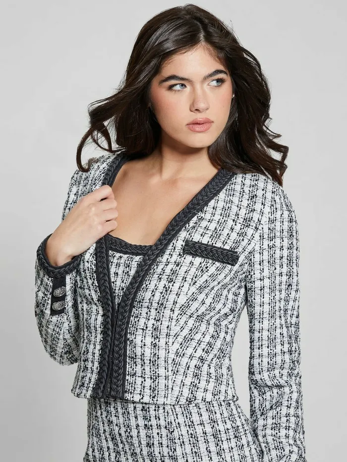 GUESS Eco Tosca Tweed Jacket Black And White Boucle Co Women Jackets and Coats