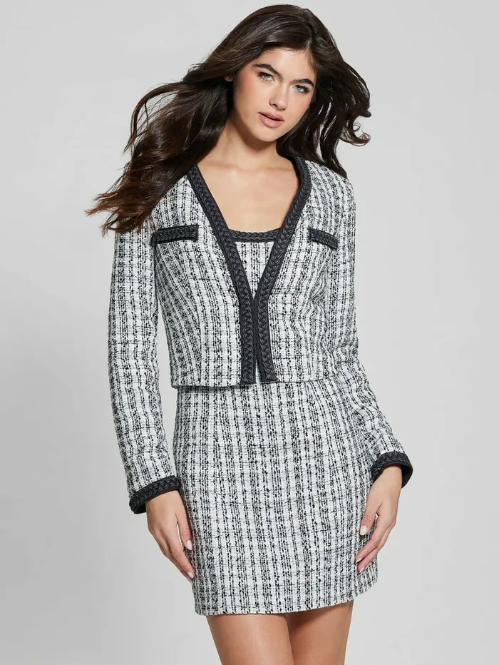 GUESS Eco Tosca Tweed Jacket Black And White Boucle Co Women Jackets and Coats