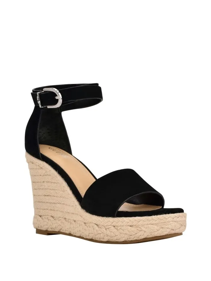 GUESS Hidy Suede Espadrille Wedges Black Women Sandals