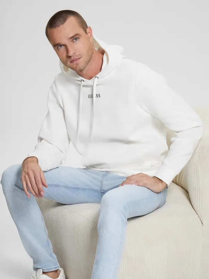 GUESS Hoodies and Sweaters Men Eco Roy Embroidered Logo Hoodie Frosted White GUESS Hoodies and Sweaters Men Eco Roy Embroidered Logo Hoodie Frosted White