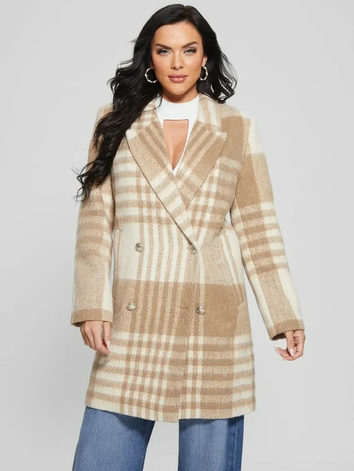 GUESS Jackets and Coats Women Ramona Plaid Coat Camel Check