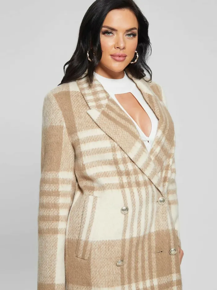 GUESS Jackets and Coats Women Ramona Plaid Coat Camel Check GUESS Jackets and Coats Women Ramona Plaid Coat Camel Check