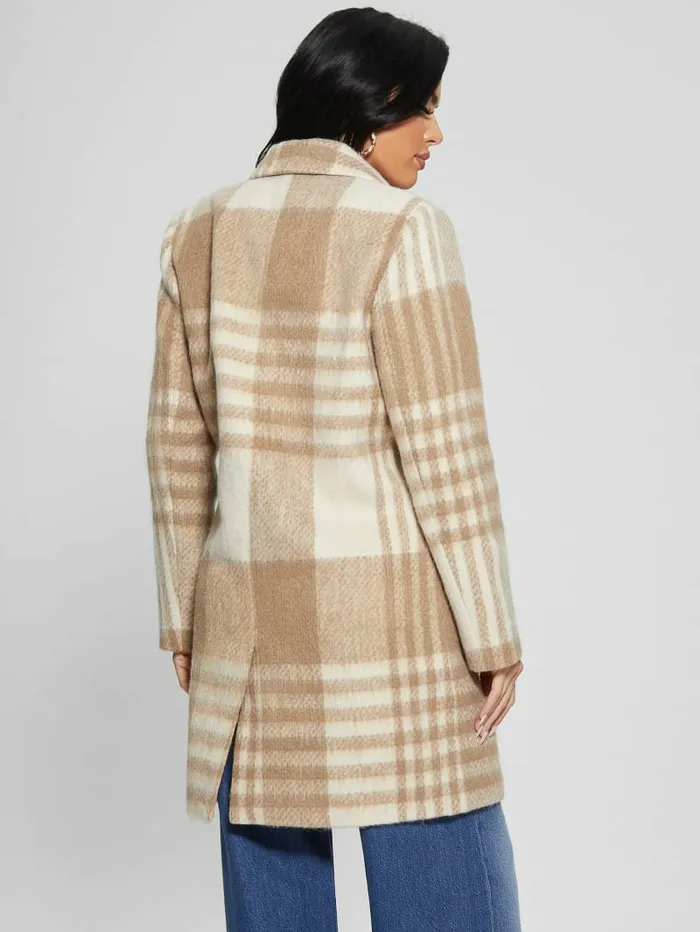 GUESS Jackets and Coats Women Ramona Plaid Coat Camel Check GUESS Jackets and Coats Women Ramona Plaid Coat Camel Check