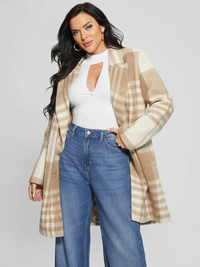 GUESS Jackets and Coats Women Ramona Plaid Coat Camel Check GUESS Jackets and Coats Women Ramona Plaid Coat Camel Check