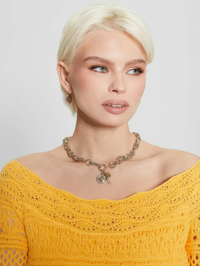 GUESS Jewelry Women Quattro G Charm Mixed Chain Necklace Silver GUESS Jewelry Women Quattro G Charm Mixed Chain Necklace Silver