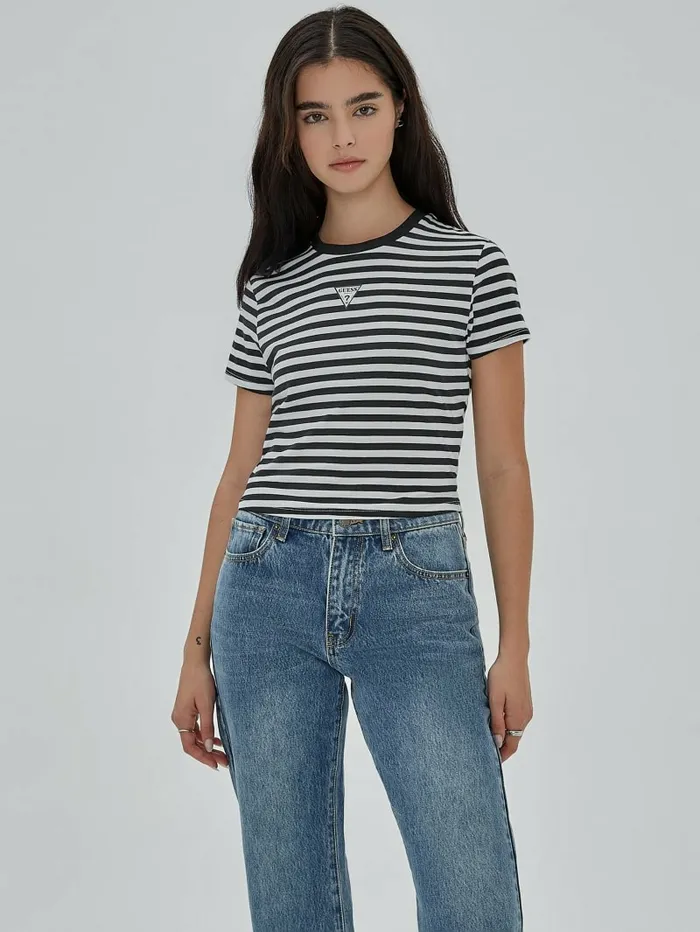 GUESS Originals Core Striped Baby Tee Pure White Multi Women Tops GUESS