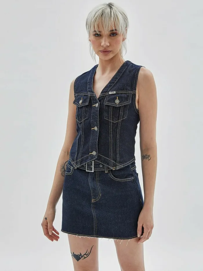 GUESS Originals Denim Vest Go Vintage Dark Wash Jackets and Coats GUESS Women GUESS Originals Denim Vest Go Vintage Dark Wash Jackets and Coats GUESS Women