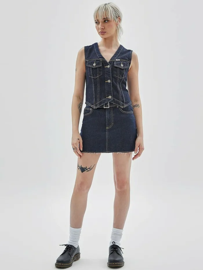 GUESS Originals Denim Vest Go Vintage Dark Wash Jackets and Coats GUESS Women GUESS Originals Denim Vest Go Vintage Dark Wash Jackets and Coats GUESS Women