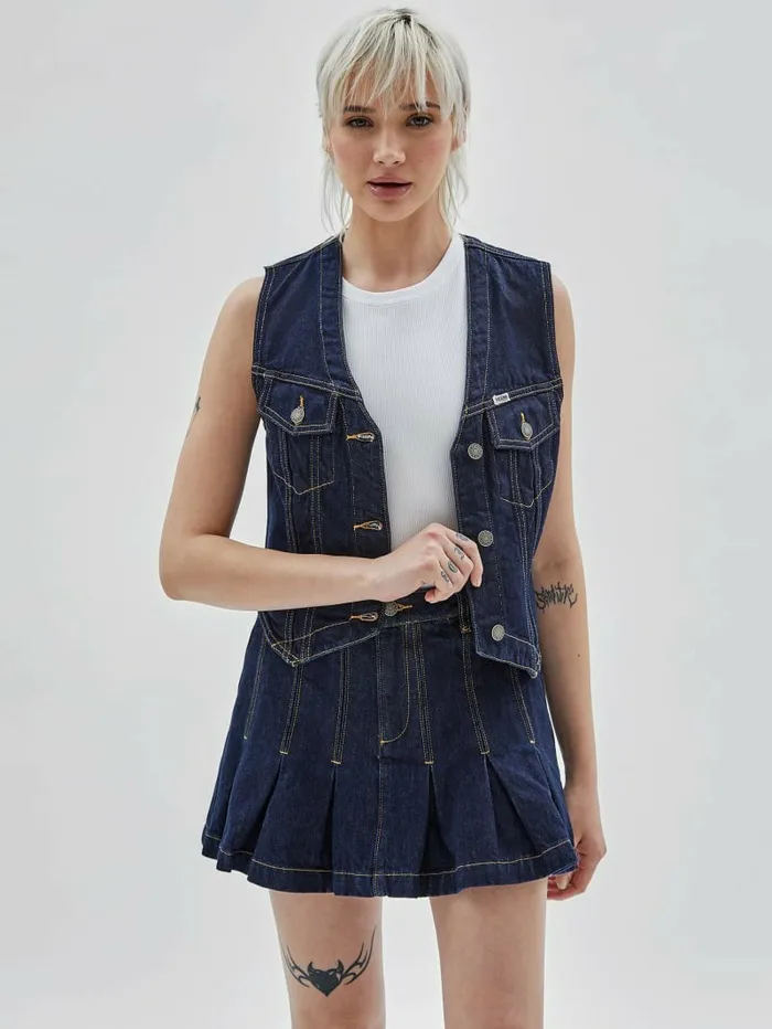 GUESS Originals Denim Vest Go Vintage Dark Wash Jackets and Coats GUESS Women GUESS Originals Denim Vest Go Vintage Dark Wash Jackets and Coats GUESS Women