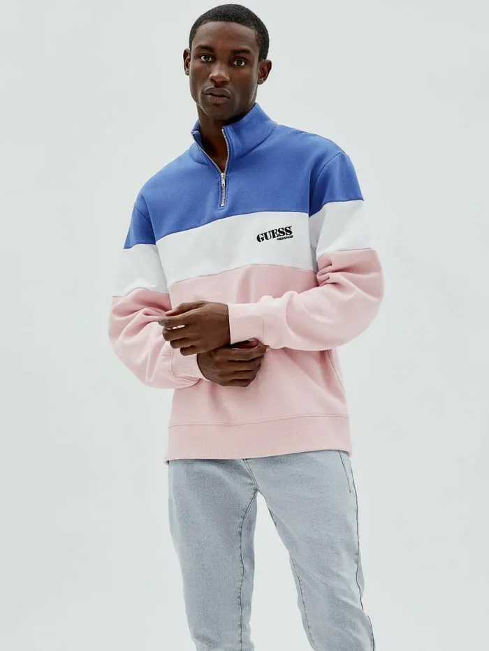 GUESS Originals HalfZip Pullover Water Park Blue Multi Men Hoodies and Sweaters GUESS
