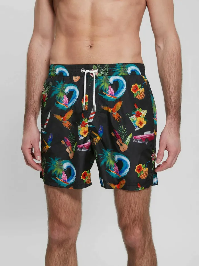 GUESS Pants and Shorts Men Eco Hawaii Woven Swim Trunks Hawaii Black Print