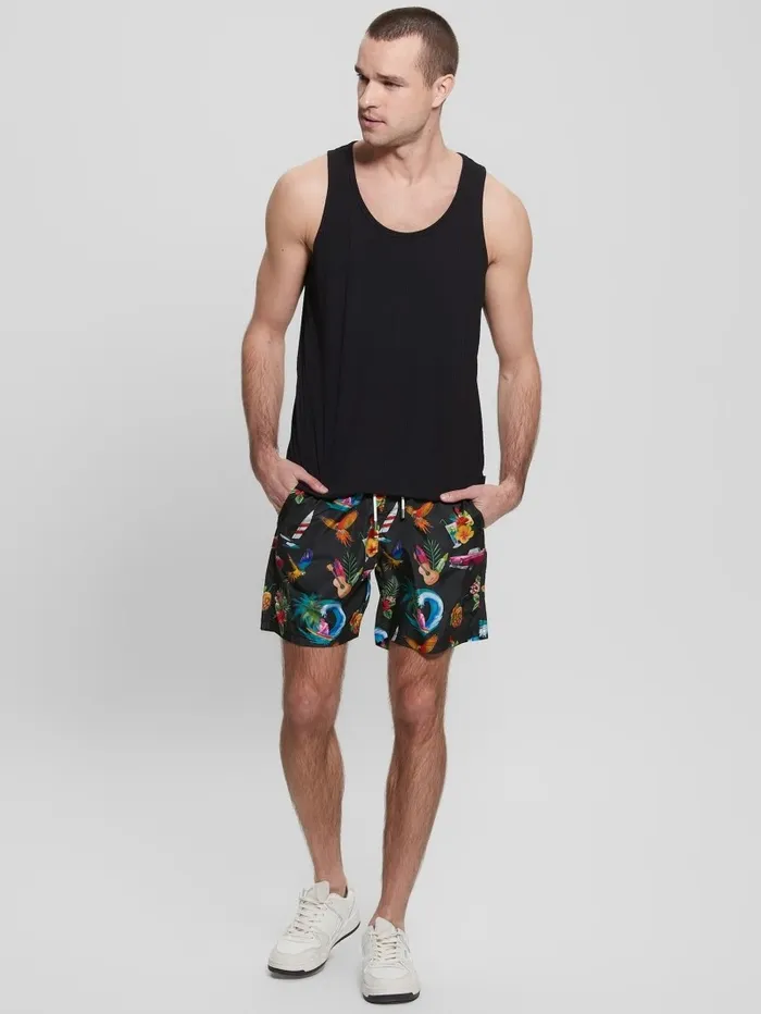 GUESS Pants and Shorts Men Eco Hawaii Woven Swim Trunks Hawaii Black Print GUESS Pants and Shorts Men Eco Hawaii Woven Swim Trunks Hawaii Black Print