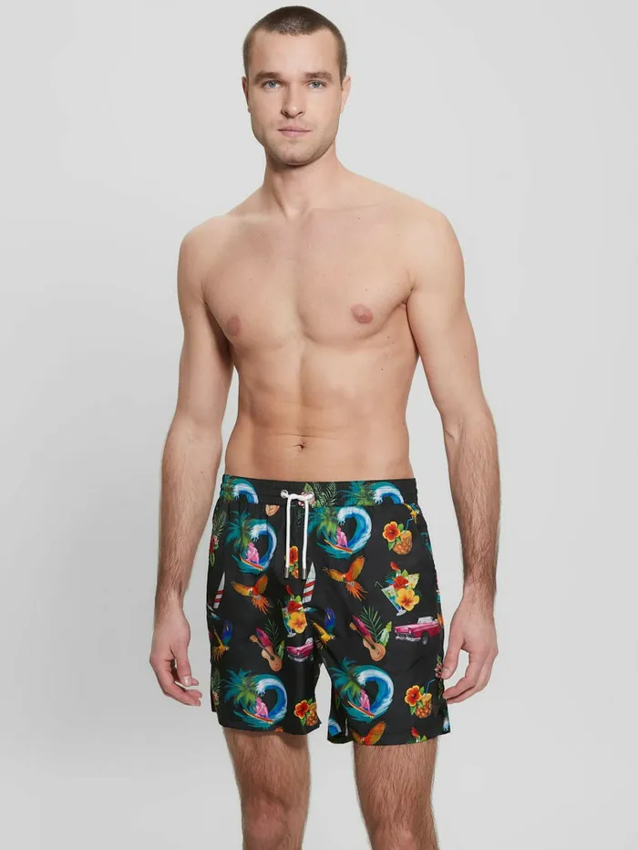 GUESS Pants and Shorts Men Eco Hawaii Woven Swim Trunks Hawaii Black Print GUESS Pants and Shorts Men Eco Hawaii Woven Swim Trunks Hawaii Black Print