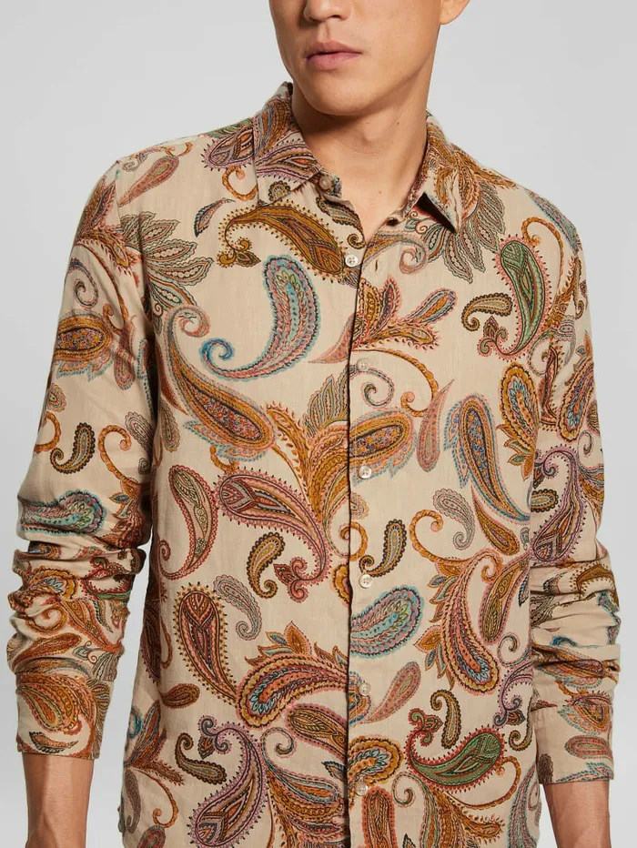 GUESS Shirts Men Eco Island Paisley Linen Shirt Neutral Sand Multi