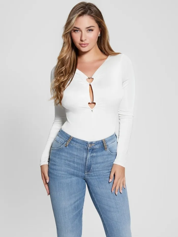 GUESS Tops Women Allura Bodysuit Cream White GUESS Tops Women Allura Bodysuit Cream White