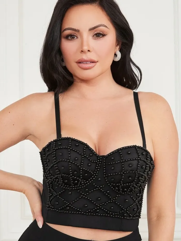 GUESS Tops Women Lea Bustier Top Jet Black Multi GUESS Tops Women Lea Bustier Top Jet Black Multi