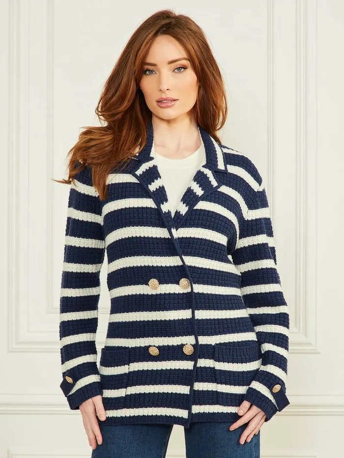 Jackets and Coats GUESS Women Gaia Sweater Waffle Jacket Blue And White Stripes