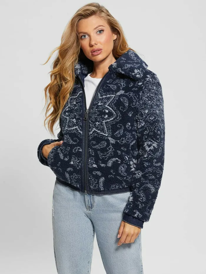 Jackets and Coats Women Eco Carmela Printed Sherpa Jacket Blue Bandana Combo GUESS
